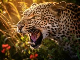 detalhado fechar acima retrato do uma rugindo leopardo, generativo ai foto
