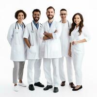 grupo do médicos em pé juntos em branco fundo. generativo ai foto