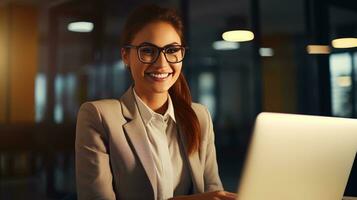 uma mulher dentro óculos é sorridente enquanto usando uma computador portátil. ai generativo foto