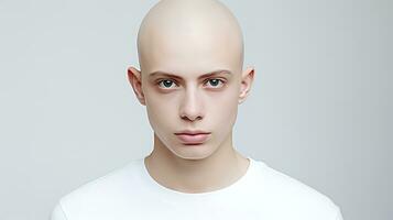 uma Careca homem com uma branco camisa sobre. ai generativo foto