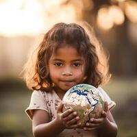 uma jovem menina segurando uma globo dentro dela mãos. ai generativo foto