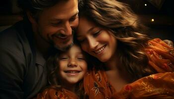 sorridente família abraços felicidade, amor, e união dentro casa retrato gerado de ai foto