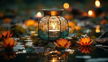 uma brilhando vela ilumina a tranquilo beleza do natureza ao ar livre gerado de ai foto