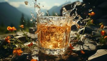 refrescante beber em uma de madeira mesa, gelo cubos Derretendo dentro vidro gerado de ai foto