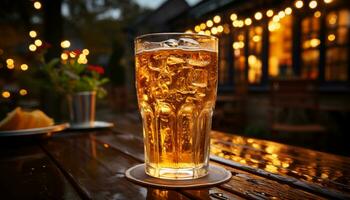 período noturno Barra cena com bebidas em mesa, iluminado de amarelo iluminação gerado de ai foto