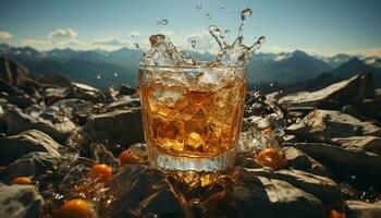 gelo frio uísque derrama para dentro vidro, refrescante beber para ao ar livre gerado de ai foto