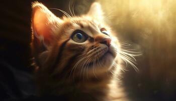 fofa gatinho sentado ao ar livre, encarando com curioso azul olhos gerado de ai foto