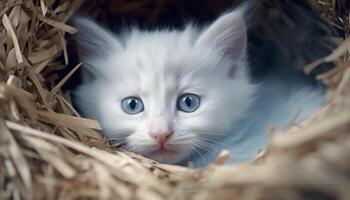 fofa gatinho sentado em feno, encarando com brincalhão olhos gerado de ai foto