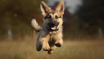 fofa cachorro corrida dentro grama, brincalhão e alegre ao ar livre gerado de ai foto