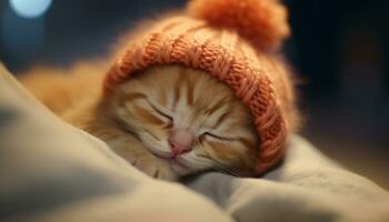 fofa gatinho dormindo, acolhedor e confortável dentro inverno pele gerado de ai foto