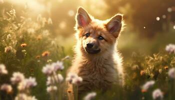 fofa cachorro jogando dentro a grama, olhando às Câmera gerado de ai foto