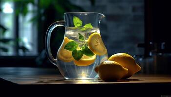 refrescante limonada em uma de madeira mesa, perfeito para verão gerado de ai foto