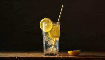 fresco citrino fruta coquetel em de madeira mesa, refrescante verão beber gerado de ai foto