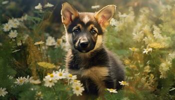 fofa cachorro sentado dentro grama, olhando às amarelo flor gerado de ai foto