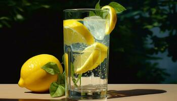 refrescante limonada coquetel com gelo, citrino fruta, e hortelã gerado de ai foto