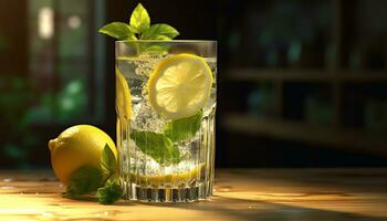 fresco limonada, uma citrino coquetel em uma de madeira mesa gerado de ai foto