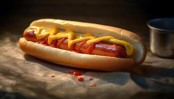 grelhado quente cachorro em pão, uma delicioso americano lanche gerado de ai foto