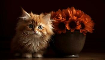 fofa gatinho sentado, olhando às Câmera, cercado de flores dentro de casa gerado de ai foto