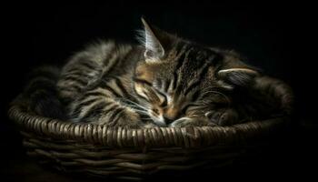 fofa gatinho dormindo, fofo pelagem, listrado, suavidade, brincalhão, em repouso gerado de ai foto