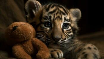 fofa tigre filhote jogando, encarando com grande olhos, lindo natureza gerado de ai foto