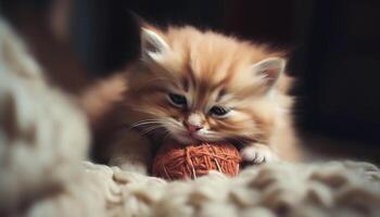 fofa gatinho jogando com uma amarelo de lã bola, olhando brincalhão gerado de ai foto