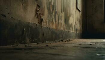 sujo velho parede, Sombrio estragado arquitetura, abandonado concreto dentro de casa gerado de ai foto