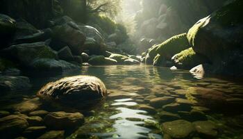 uma tranquilo cena do uma molhado floresta com fluindo água gerado de ai foto