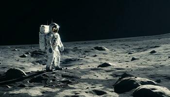 astronauta em pé em lua superfície, explorando Sombrio galáxia com nave espacial gerado de ai foto