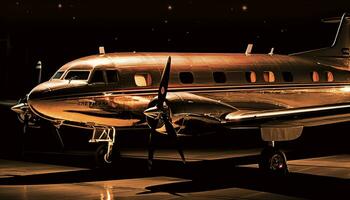 luxo avião vôo às noite, exibindo aeroespacial indústria moderno tecnologia gerado de ai foto