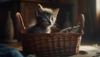 fofa gatinho jogando, olhando às Câmera, fofinho, listrado, brincalhão gerado de ai foto