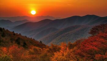 majestoso montanha pico, outono cores, tranquilo Prado, vibrante pôr do sol céu gerado de ai foto