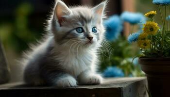 fofa gatinho sentado ao ar livre, encarando com azul olhos, brincalhão e curioso gerado de ai foto