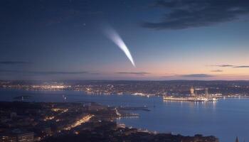 brilhante cidade luzes iluminar a escuro, panorâmico urbano Horizonte às crepúsculo gerado de ai foto