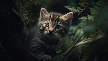 fofa gatinho jogando ao ar livre, encarando com curiosidade, fofo pele gerado de ai foto