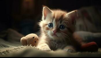 fofa gatinho jogando com brinquedo, encarando com azul olhos gerado de ai foto