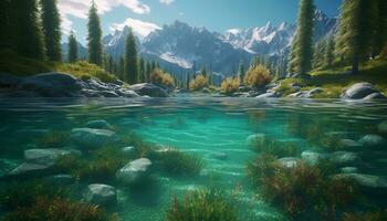 majestoso montanha pico reflete dentro tranquilo lago, cercado de verde gerado de ai foto