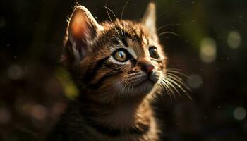 fofa gatinho sentado dentro grama, encarando com curioso azul olhos gerado de ai foto