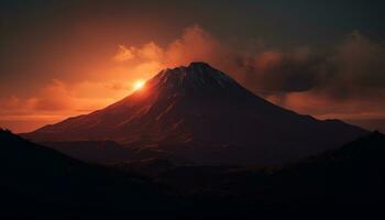 majestoso montanha pico, pôr do sol céu, tranquilo cena, panorâmico natureza gerado de ai foto