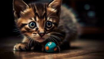 fofa gatinho jogando com brinquedo, encarando às Câmera em de madeira mesa gerado de ai foto