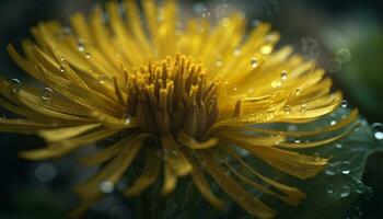 vibrante amarelo dente de leão Flor dentro molhado Prado, cercado de verde gerado de ai foto