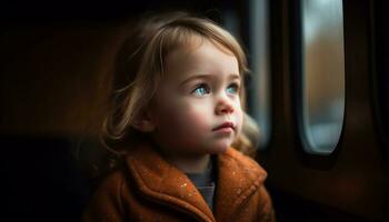 uma fofa criança sentado de a janela, olhando Fora com curiosidade gerado de ai foto
