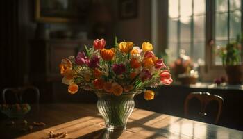 uma rústico vaso detém uma brilhante ramalhete do multi colori flores gerado de ai foto