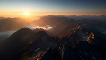 majestoso montanha pico, natureza beleza dentro panorâmico panorama silhueta gerado de ai foto