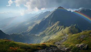 majestoso montanha pico, natureza beleza dentro uma multi colori panorama gerado de ai foto