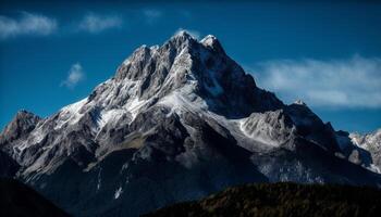 majestoso montanha pico, neve abordado, panorâmico paisagem, tranquilo cena, região selvagem área gerado de ai foto