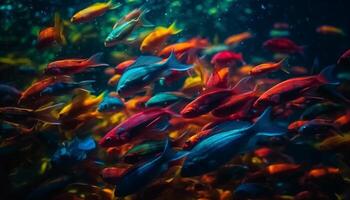 uma vibrante escola do peixe natação dentro uma colorida embaixo da agua recife gerado de ai foto