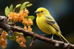 lindo amarelo e azul pássaro em uma ramo do uma florescendo árvore foto