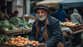 uma Senior homem comprando fresco orgânico frutas e legumes ao ar livre gerado de ai foto