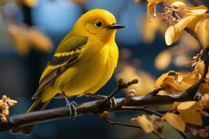 lindo amarelo e azul pássaro em uma ramo do uma florescendo árvore foto