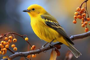 lindo amarelo e azul pássaro em uma ramo do uma florescendo árvore foto